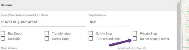Screen shot with arrow pointing to "Do not snap to street" setting check box as the last item in the list of settings in the General section of a Stop's settings menu. 