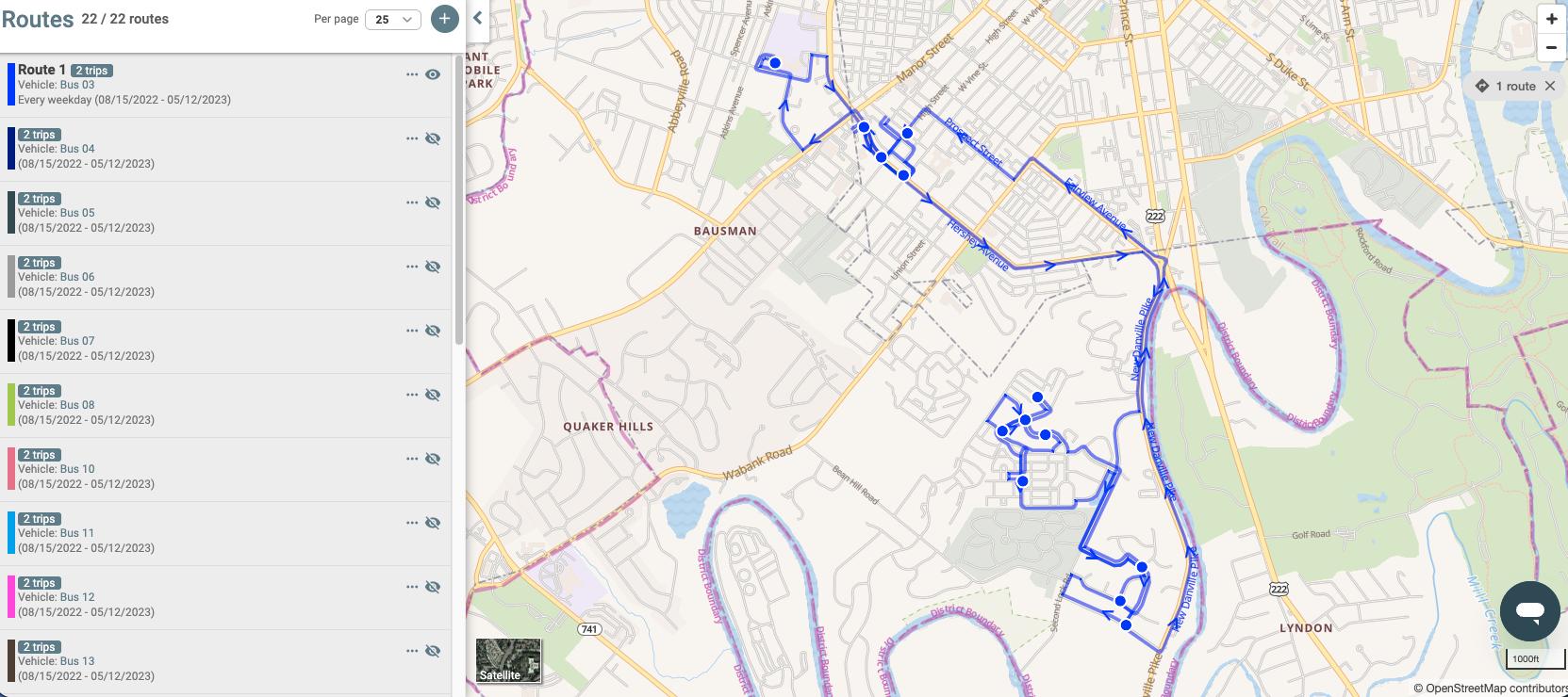 Screenshot of EZRouting Routes tab displaying a blue-colored route.